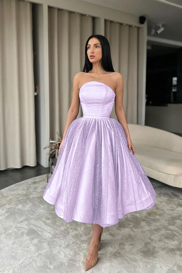 Black Tulle Strapless Sleeveless Tea Length A Line Prom Dress