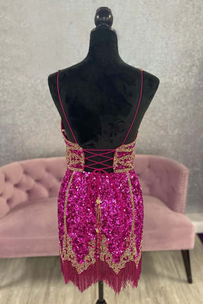 Turquoise Sequined Homecoming Dress With Fringes