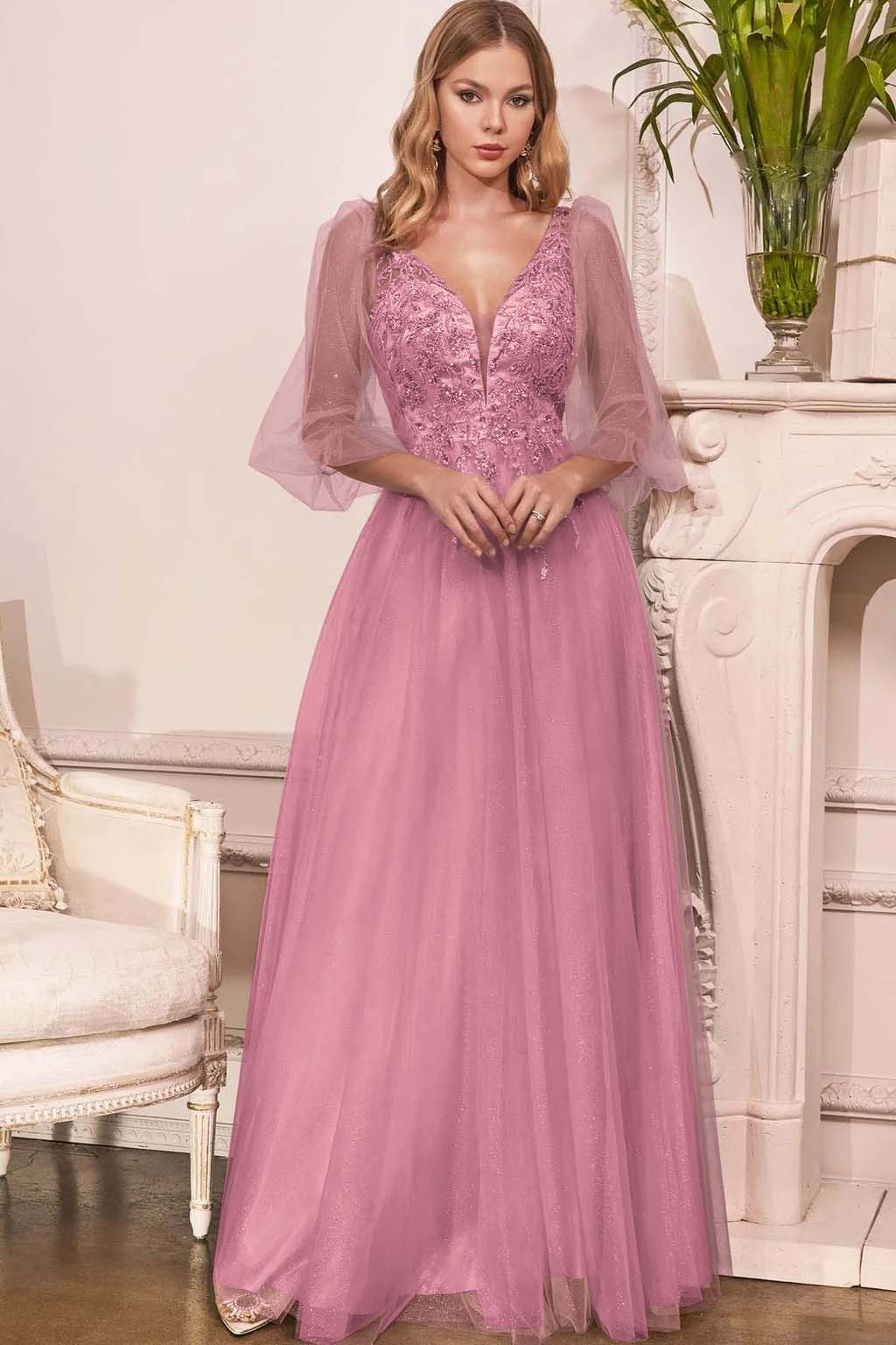 Charming Tulle V Neck Sleeveless Long Prom Dress With Appliques