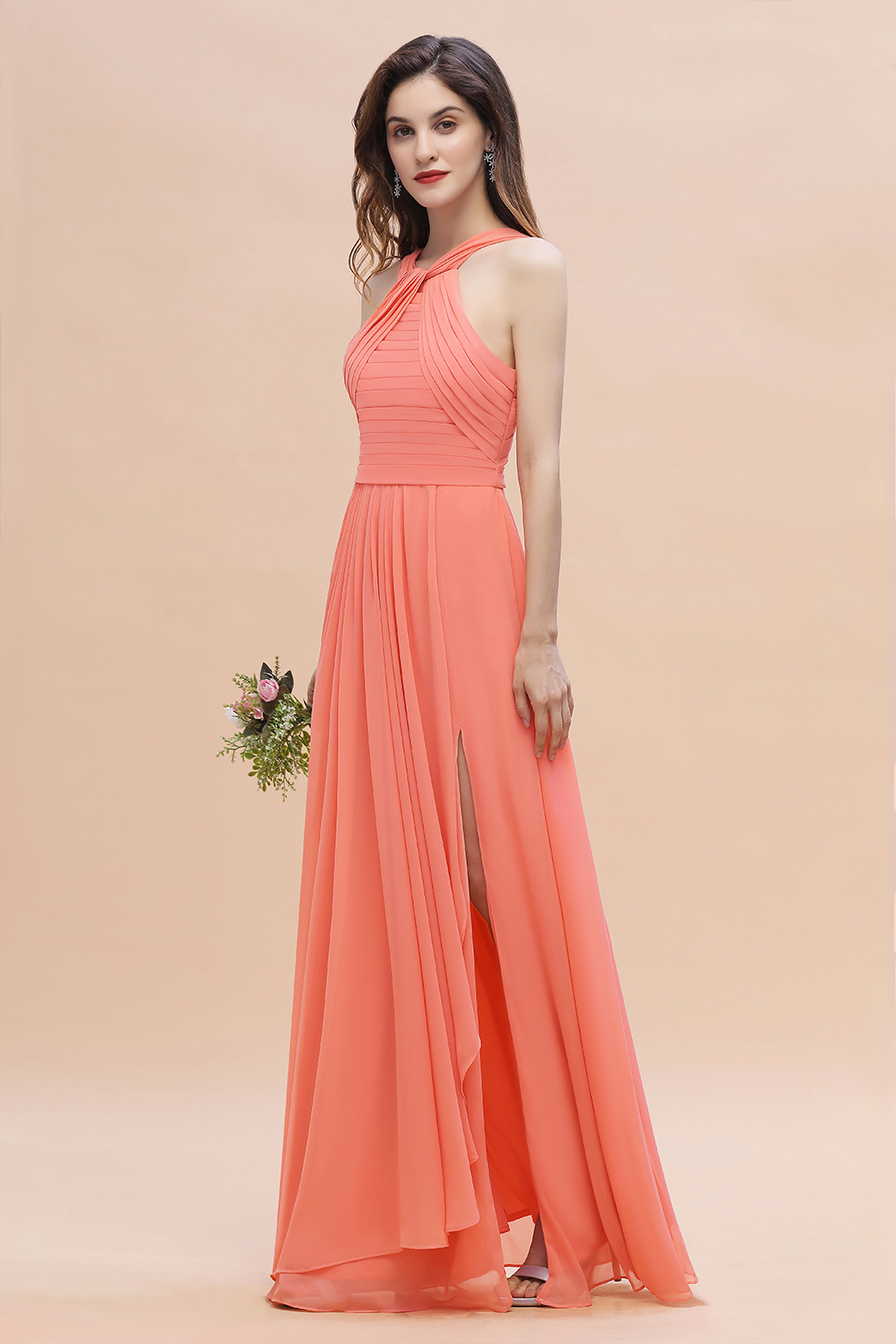 BMbridal Gorgeous A-Line Sleeveless Coral Chiffon Bridesmaid Dress with Ruffles On Sale-BMbridal