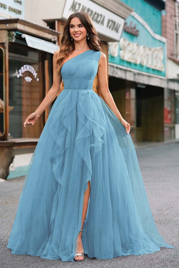 One Shoulder Sleeveless Long Split Prom Dress With Sequins Tulle