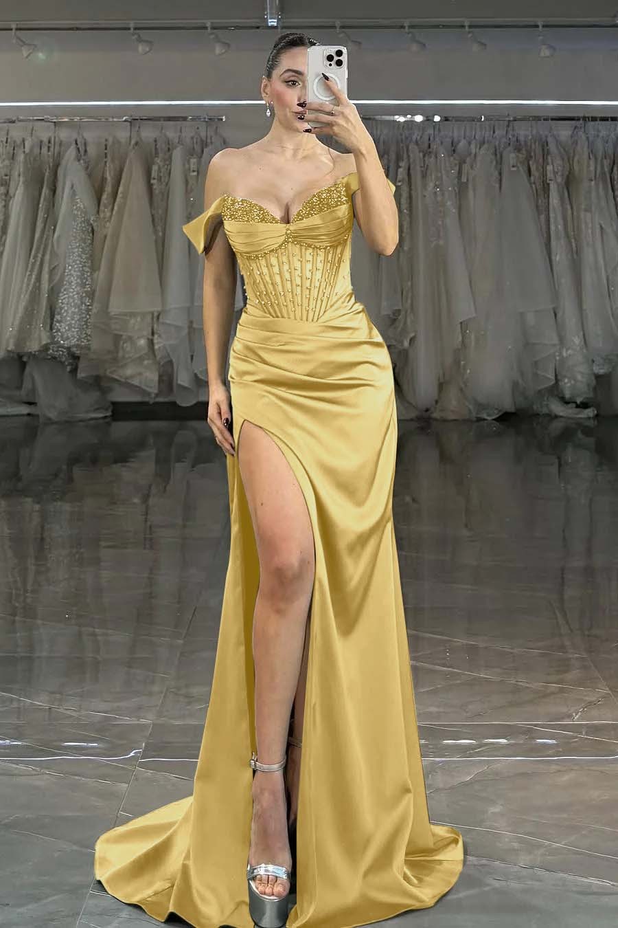 Off the Shoulder Strapless Sleeveless Long Mermaid Prom Dress With Split