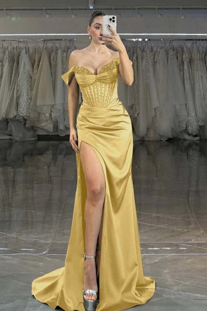 Off the Shoulder Strapless Sleeveless Long Mermaid Prom Dress With Split