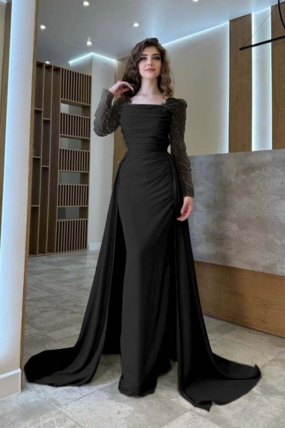 Long Sleeves Square Neck Long Mermaid Prom Dress With Pleated