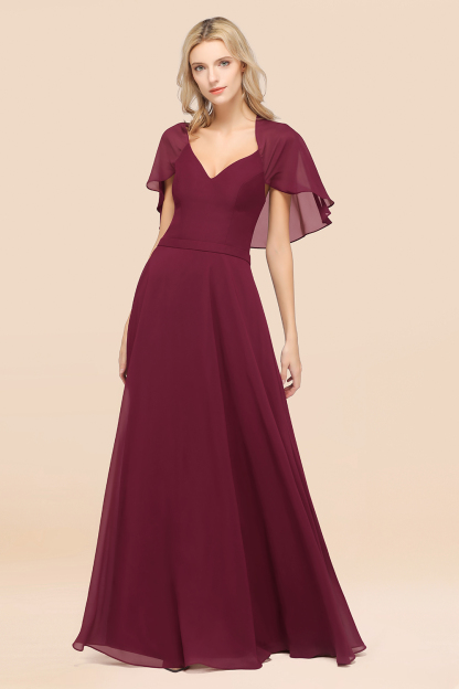 BMbridal Chic Satin V-Neck Long Burgundy Chiffon Bridesmaid Dress with Flutter Sleeve-BMbridal