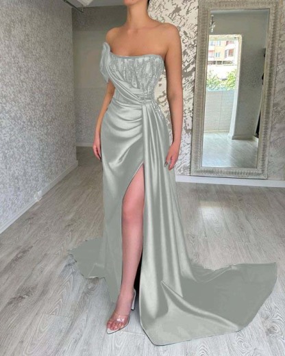 One Shoulder Strapless Sleeveless Long Mermaid Prom Dress With Split