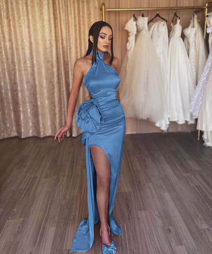 Orange Flower Halter Sleeveless High Split Prom Dress With Pleated