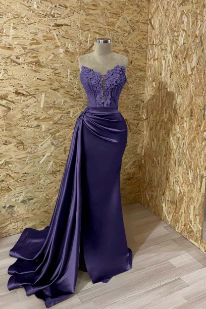 Sleeveless Strapless Mermaid Prom Appliques Dress With Split