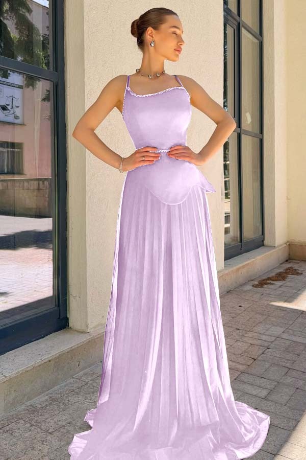 Spaghetti Strap Sleeveless Long Prom Dress With Pleated Sequins