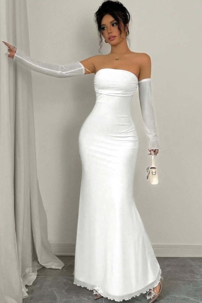 Strapless Long Mermaid Prom Dress With Detachable Sleeves Pleated