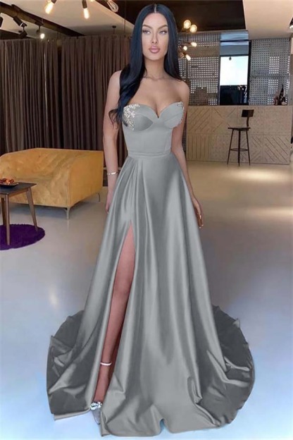 Sweetheart Yellow Strapless Mermaid Beadings Long Prom Dress With Split