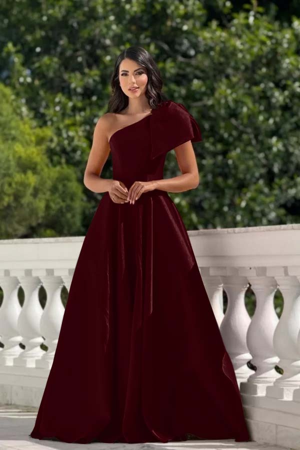 One Shoulder Sleeveless Long Prom Dress With Pleated Bowknot