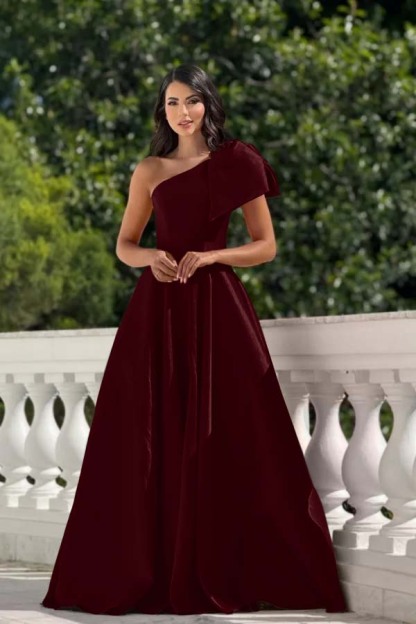 One Shoulder Sleeveless Long Prom Dress With Pleated Bowknot