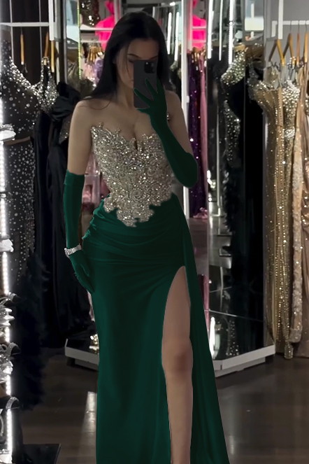 Sophisticated White Sleeveless Strapless Beaded Split Prom Dress With Gloves