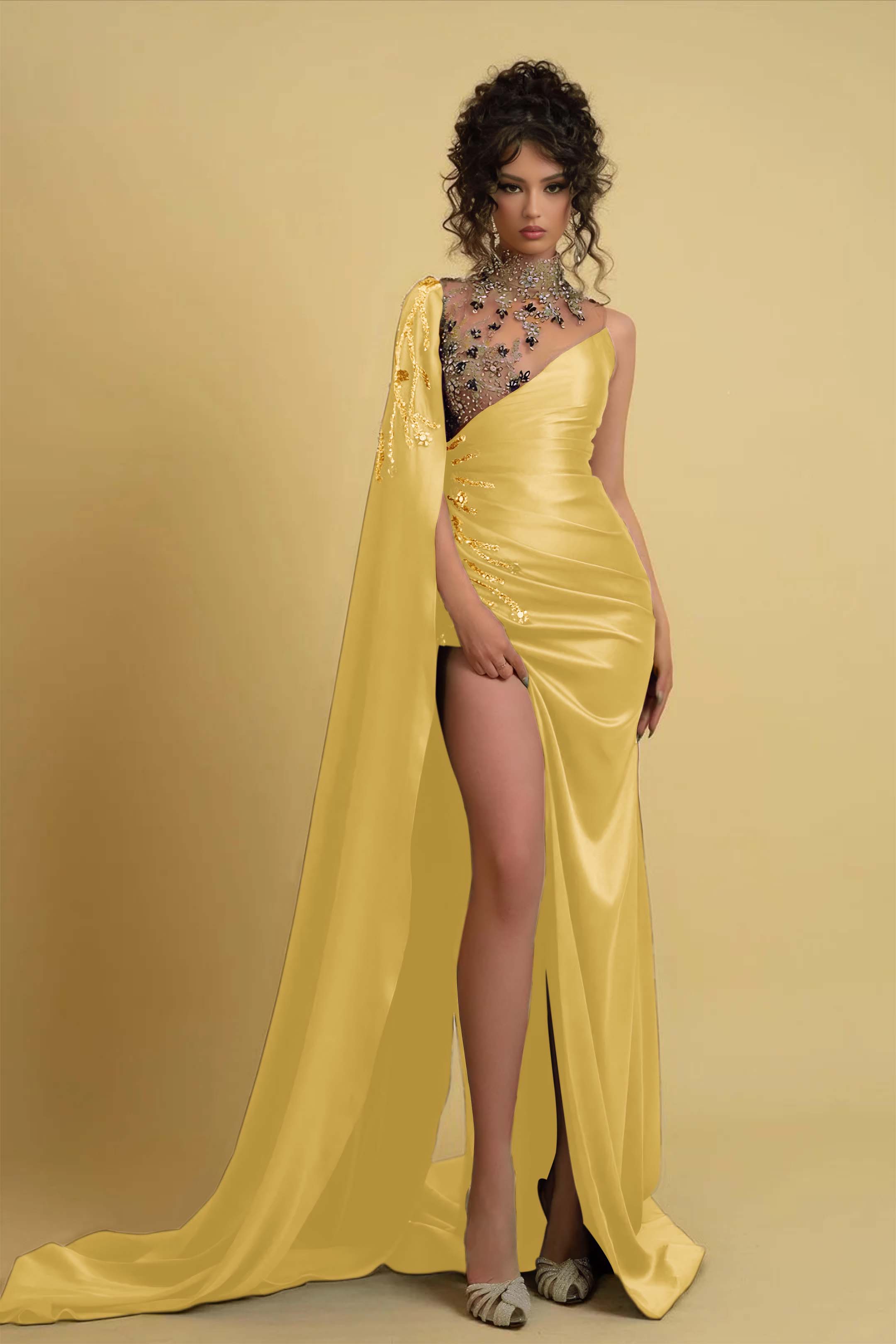 High Neck Prom Dress Regency One Shoulder With Ruched Beads