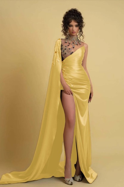 High Neck Prom Dress Regency One Shoulder With Ruched Beads