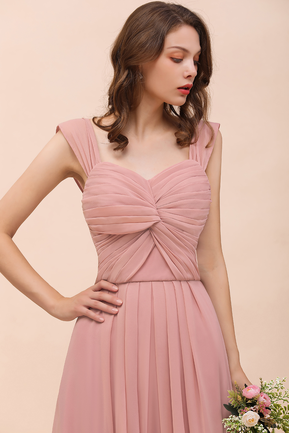 BMbridal Vintage Mauve Chiffon Straps Ruffle Affordable Bridesmaid Dress-BMbridal