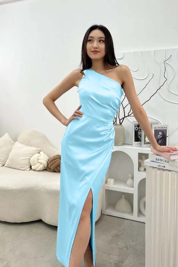Chic Sleeveless One Shoulder Long Prom Dress With Pleated Split