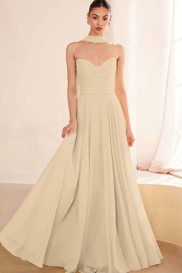 Chiffon Strapless Sleeveless Long A Line Prom Dress With Pleated