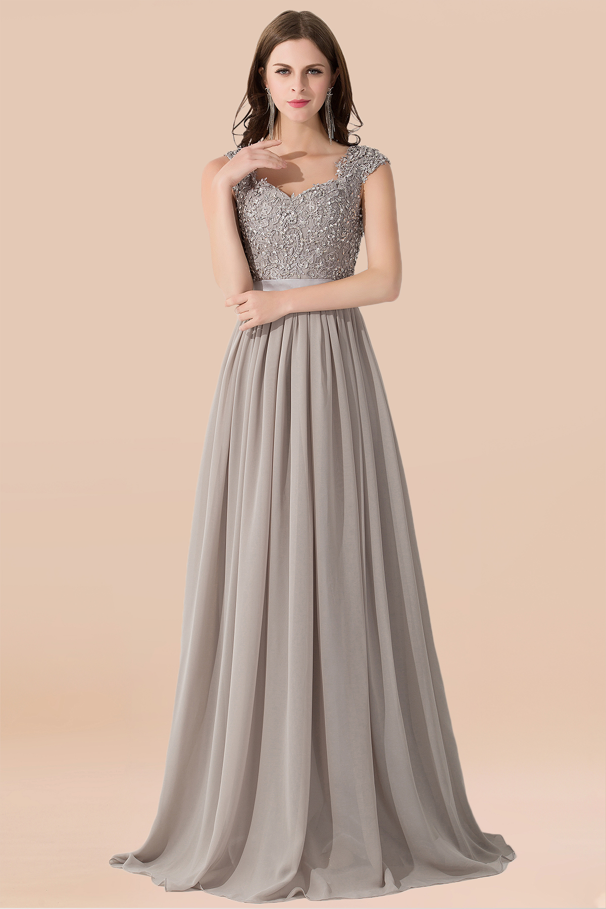 BMbridal Vintage Silver Sleeveless Long Bridesmaid Dress With Appliques-BMbridal