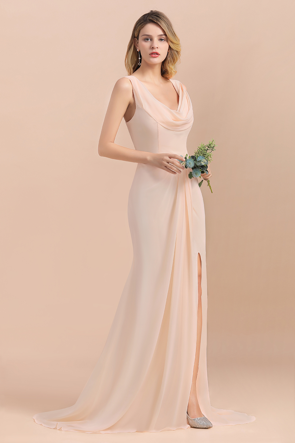 BMbridal Gorgeous Drapped Neckline Ruffle Chiffon Bridesmaid Dresses Online with Slit-BMbridal