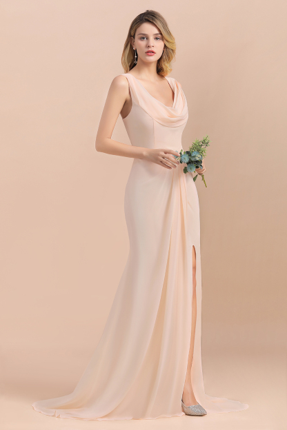 BMbridal Gorgeous Drapped Neckline Ruffle Chiffon Bridesmaid Dresses Online with Slit-BMbridal