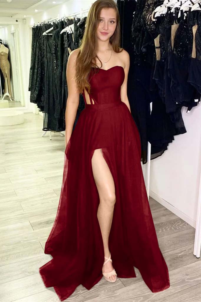 Sweetheart Strapless Sleeveless Red Elegant Evening Dress With High Split