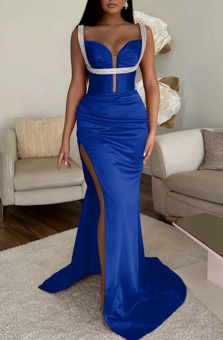 Mermaid Prom Dress Spaghetti Strap Fuchsia With High Split Sleeveless