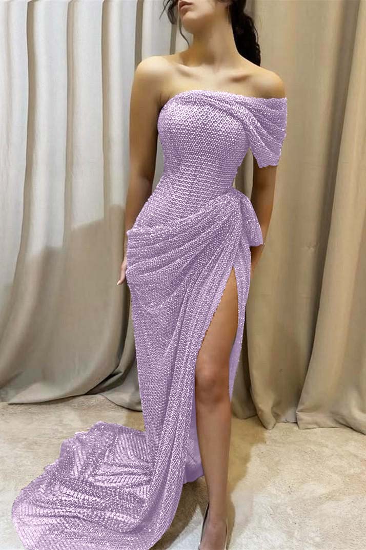 One Shoulder Sleeveless Long Mermaid Prom Dress With Split Pleated