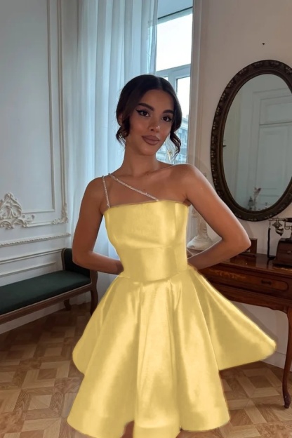 One Shoulder Sleeveless Short A Line Prom Dress With Pleated