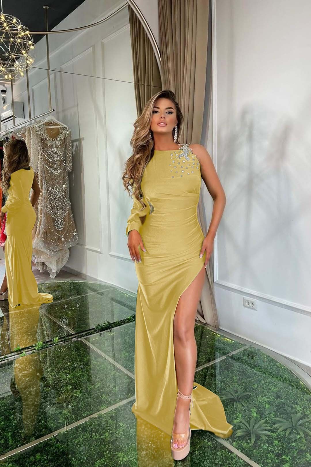 Green Satin With Split Prom Dress One Shoulder One Long Sleeve