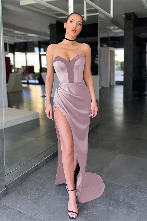 Strapless Sleeveless Long Mermaid Prom Dress With Split Pleated