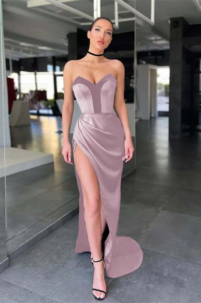 Strapless Sleeveless Long Mermaid Prom Dress With Split Pleated