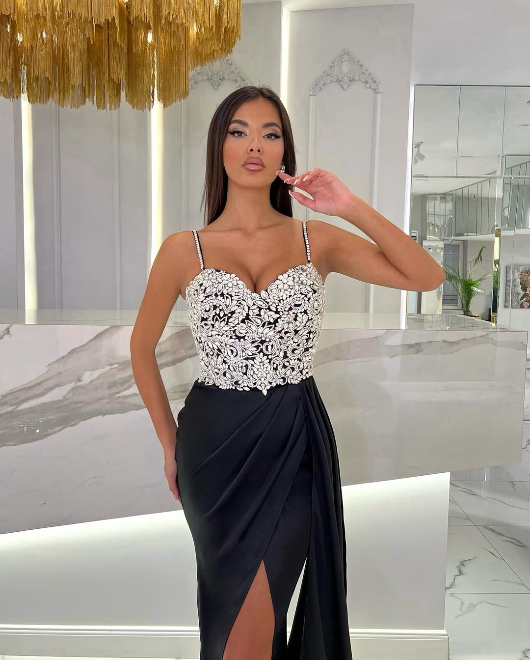 Prom Dress Baby Blue With High Slit Spaghetti Strap Sweetheart Appliques