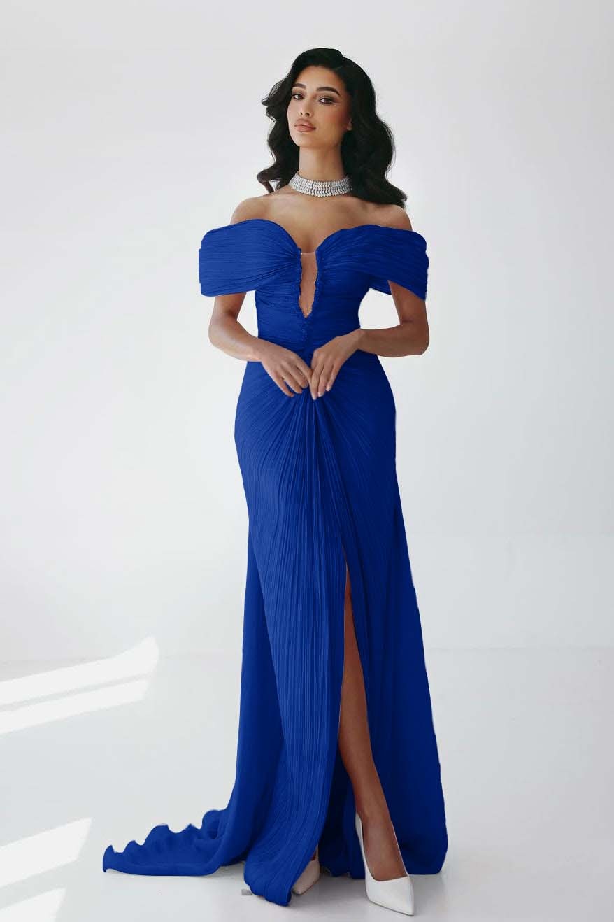Off the Shoulder Sleeveless Long Mermaid Prom Dress With Ruffles Pleated