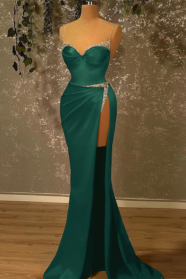 Spaghetti Strap Sleeveless Mermaid Long Prom Dress With Split Beading
