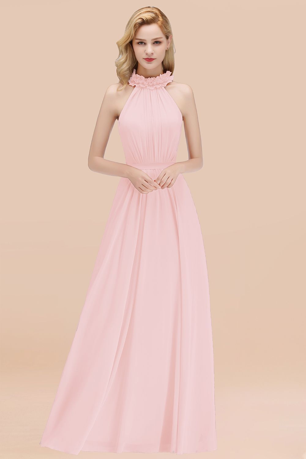 BMbridal Modest High-Neck Halter Ruffle Chiffon Bridesmaid Dresses Affordable-BMbridal