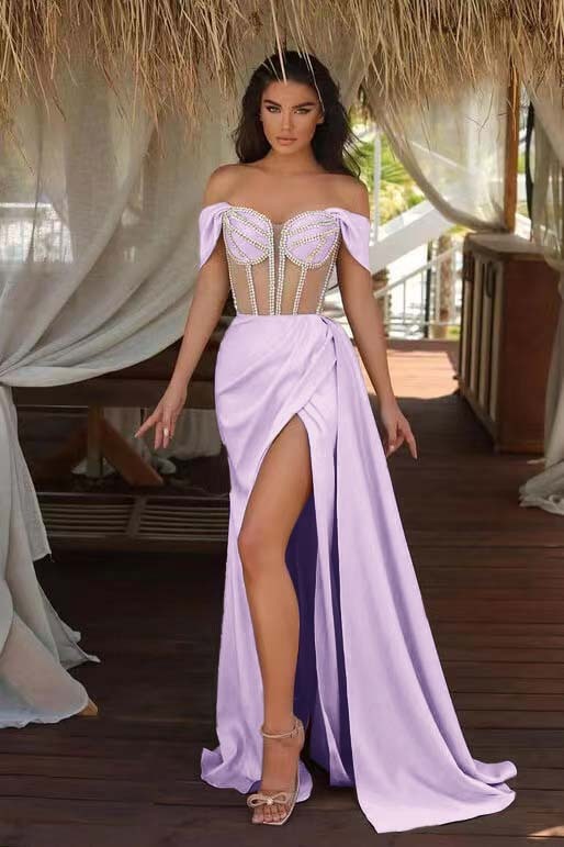 Champagne Ruffles Mermaid Prom Dress Beadings Split With Off the Shoulder