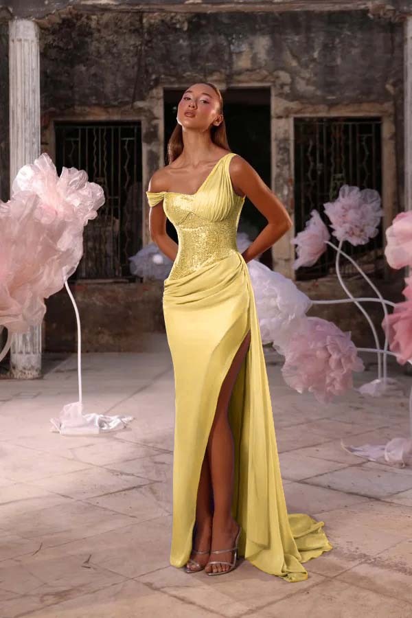 Sleeveless One Shoulder Long Split Prom Dress With Pleated Sequin