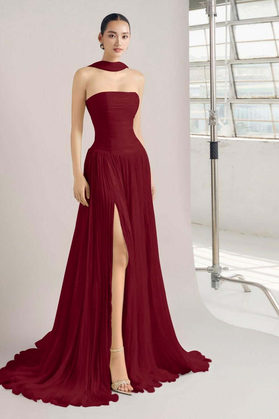 Strapless Sleeveless Long Split Prom Dress With Pleated Ruffles