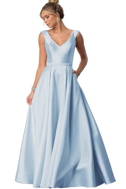 Straps V Neck Sleeveless Long Prom Dress With Pockets Pleated