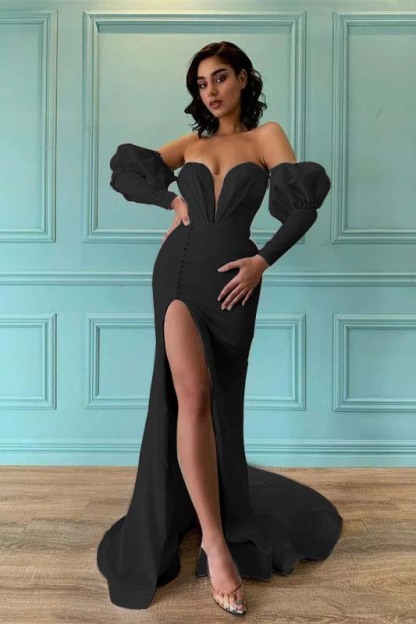 Ivory Bubble Sleeves Sweetheart Long Mermaid Prom Dress With Front Split