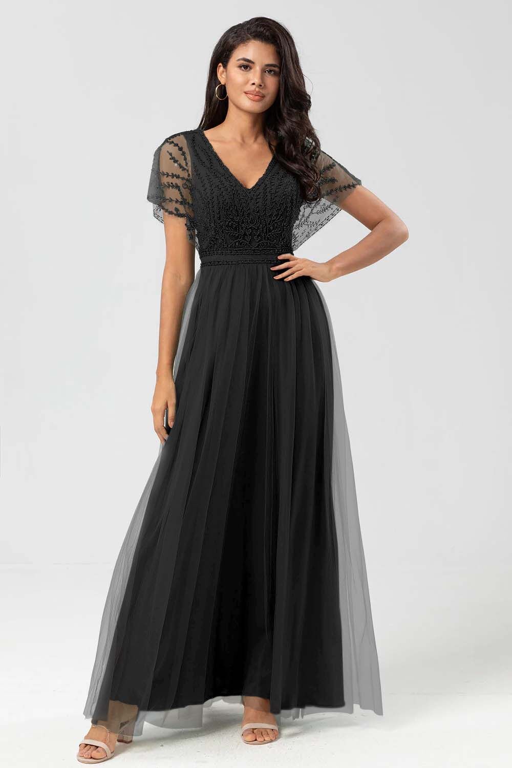 Tulle Short Sleeves V Neck A Line Long Prom Dress With Appliques