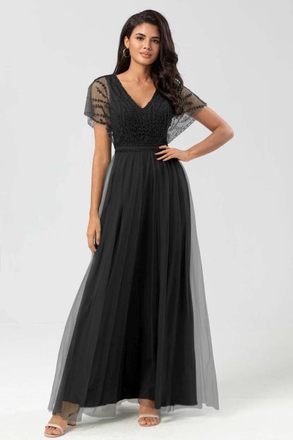 Tulle Short Sleeves V Neck A Line Long Prom Dress With Appliques