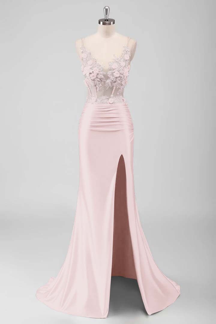 Sleeveless Spaghetti Strap Long Split Mermaid Prom Dress With Appliques