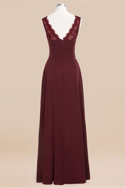 BMbridal Elegant Lace V-Neck Burgundy Chiffon Bridesmaid Dresses with Ruffle-BMbridal