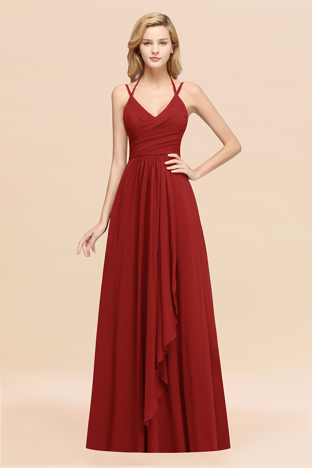 BMbridal Affordable Chiffon Burgundy Bridesmaid Dress With Spaghetti Straps-BMbridal