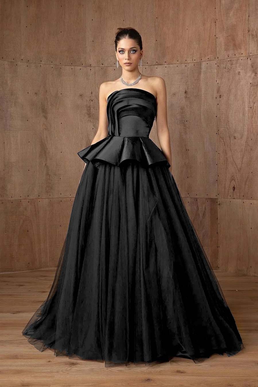 Tulle Strapless Sleeveless A Line Long Prom Dress With Ruffles