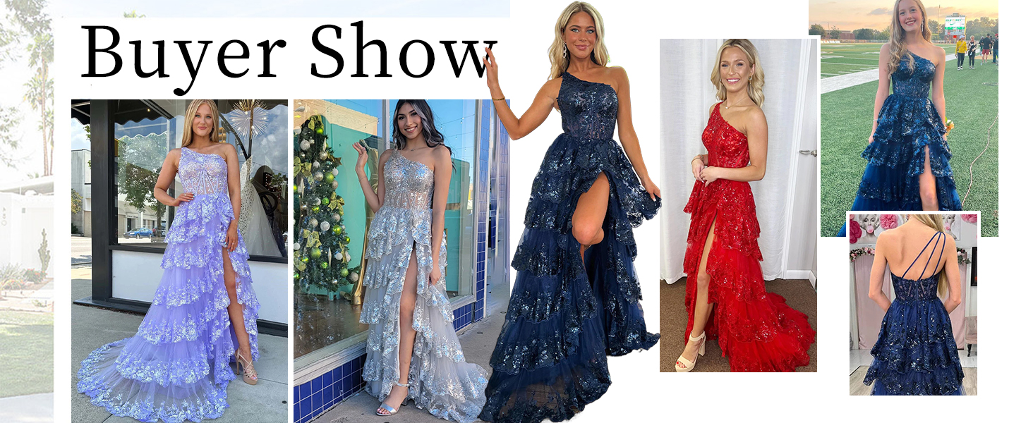 Lace Tiered Prom Dress 2025 for Women Sequined Sparkly Formal Evening Party Gowns One Shoulder Slit
