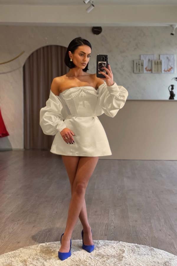 Spaghetti Strap Long Sleeves A Line Prom Dress With Beading